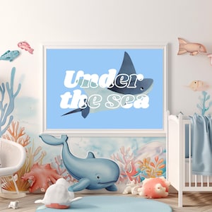 Under the Sea Manta Ray Wall Art Poster, Coastal Retro Print, Sting Ray Decor, blue kids bedroom, beachy room decor