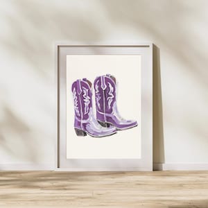 Lila Cowgirl Stiefel Druck, Küsten Cowgirl digitale Wandkunst, Coquette Cowgirl Stiefel Poster, Aquarell Westernstiefel, Cowboy Stiefel Druck