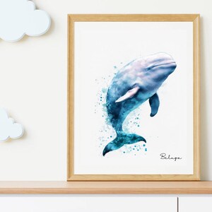 Beluga whale print, cute whale wall art poster, ocean nursery decor, watercolour whale print, beluga poster