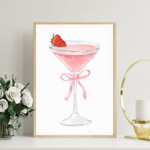 stampa fiocco e martini, arte murale civettuola, poster martini, regalo per il 21° compleanno, arredamento per dormitorio preppy, arte carrello bar