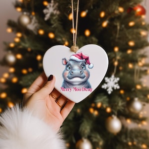 Moo Deng Christmas decorations, Moo Deng gifts, Cute hippo tree decoration, Heart shaped Xmas decs, cute viral hippo