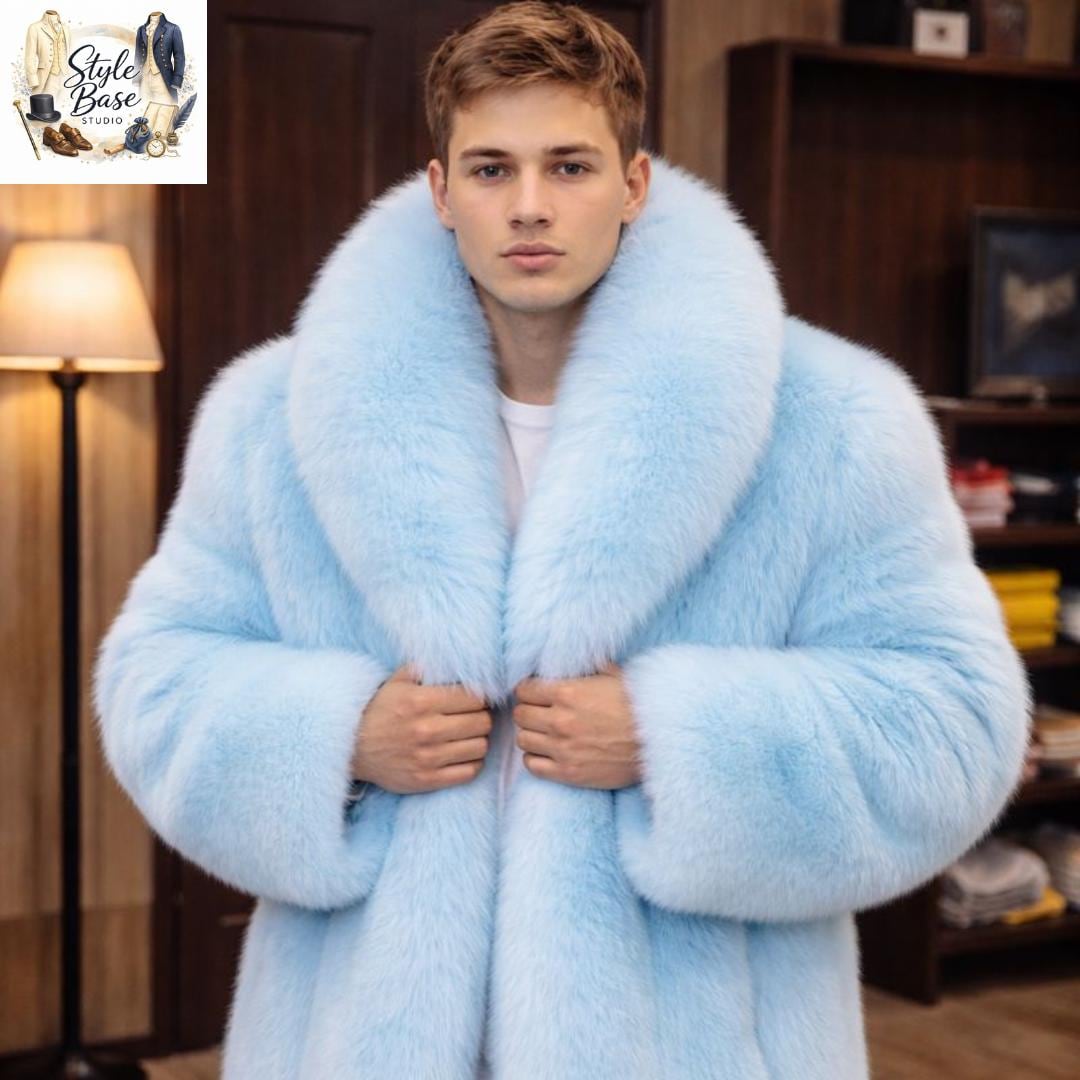 BRIEFING フード付きジャンパー XL ライトブルー Men's Light Blue Faux Fur Coat – Luxury Vegan Winter Jacket, Soft