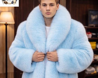 Abrigo de piel sintética azul claro para hombre: chaqueta vegana de invierno de lujo, suave y afelpada, prenda exterior llamativa.
