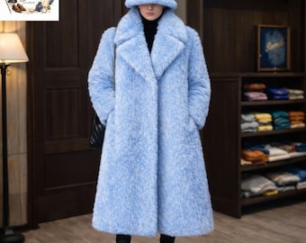 Abrigo de piel sintética azul claro para hombre: abrigo de invierno de piel vegana de lujo, suave y afelpado.