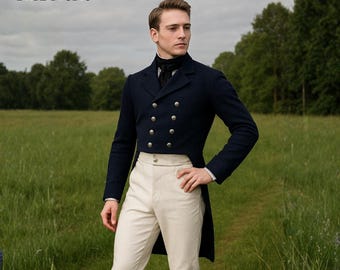 May include: A navy blue double-breasted jacket with gold buttons, paired with cream-coloured trousers and brown boots. The jacket has a tailcoat design. The text "STYLE BASE STUDIO" is visible in the upper left corner.