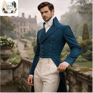 May include: A teal double-breasted tailcoat with matching trousers. The coat features a high collar and multiple buttons. The model is wearing a white shirt and bow tie. The background includes a stone bridge and a large building.