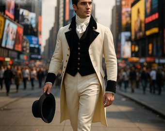 May include: A cream-coloured, vintage-style suit with a black waistcoat and cuffs. The suit features gold buttons and is paired with a white shirt and cravat. A black top hat is held in the hand. The image includes the text "STYLE BASE STUDIO".