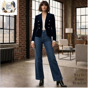 May include: A woman in a navy blue velvet blazer with gold buttons, a white blouse, and blue jeans. The blazer is tailored. The jeans are wide-legged. Black heeled boots complete the outfit. The text "Style Base Studio" is visible.