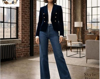 Blazer elegante de terciopelo para mujer / Prenda de abrigo clásica y elegante en azul marino a medida para mujer