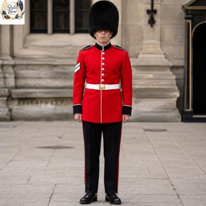 May include: A British royal guard wearing a bright red tunic with a high collar, gold buttons, and a white belt. The uniform includes black trousers with a red stripe, black shoes, and a tall, cylindrical black bearskin hat worn on the head.