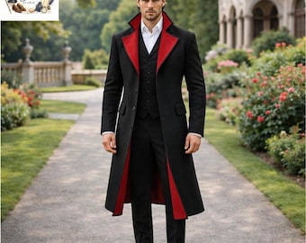 Men’s Black Long Coat with Red-Lining | Victorian Style Formal Gothic Overcoat | Custom Historical Menswear