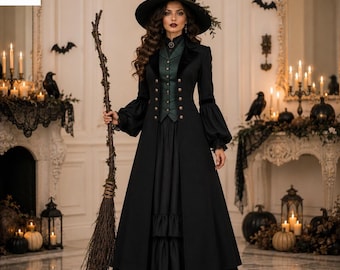 Disfraz de bruja gótica victoriana para mujer, vestido de Halloween, conjunto de cosplay victoriano negro.