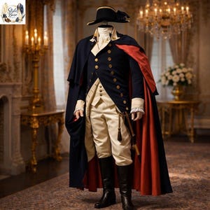 Könnte beinhalten: Ein historisches Kostüm mit einem marineblauen Mantel mit goldenen Knöpfen, einem roten Umhang und cremefarbenen Kniebundhosen. Das Outfit umfasst einen schwarzen Hut, ein weißes Hemd und schwarze Stiefel. Das Ensemble wird in einem Raum mit aufwendiger Einrichtung präsentiert.