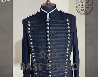 Chaqueta militar steampunk de lana personalizada para hombre: abrigo negro estilo desfile