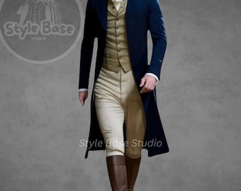 May include: A man wearing a navy blue long coat over a beige vest and pants. He is wearing a white cravat and brown leather boots.