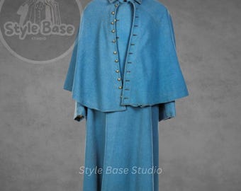 New Edition - Men&#39;s Victorian Inverness Cape Coat - Custom Tailored Garrick Coachmen Style Herrenmantel - Blue Wool Slim Fit Formal Overcoat