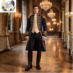 May include: A navy blue military-style coat with gold trim and epaulets. The coat is worn over a cream-colored vest and white ruffled shirt. Black pants and tall black boots complete the ensemble. The image is from Style Base Studio.