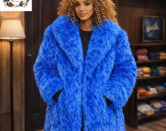 Chaqueta de piel sintética azul eléctrico para mujer / Abrigo vegano / Chaqueta de invierno llamativa / Prenda exterior de felpa suave