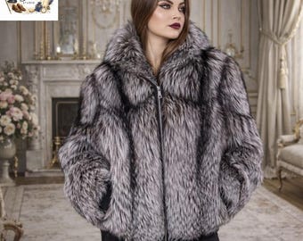 Chaqueta de piel sintética de lujo / Abrigo de invierno de piel sintética gris / Prendas de abrigo llamativas / Chaqueta de piel vegana con cremallera