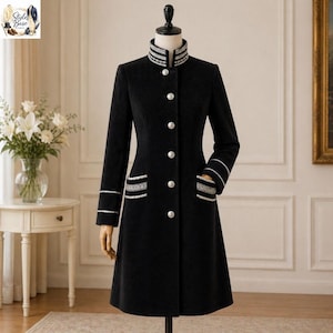 Women’s Black Victorian Gothic Long Coat, Silver Trim High-Collar Historical Jacket, Custom Theater Costume