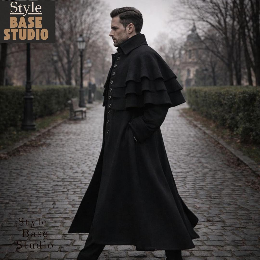 Men's Black Regency Triple Cape Coat | Victorian Inspired Long
