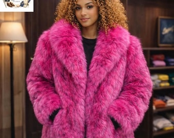 Women's Pink Faux Fur Coat, Soft Plush  Vegan Fur Statement Coat, Cozy Warm Outerwear