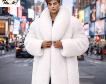 Herren Weiß Kunstpelz Mantel | Statement Mantel | Lange Plüsch-Oberbekleidung | Handgemachte Winter Jacke
