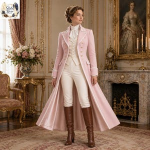 May include: A long, light pink coat with white trim and gold buttons, paired with a white vest, pants, and brown knee-high boots. The outfit is set in a room with ornate decor, including a fireplace and a painting.