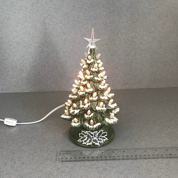 Ceramic Christmas Tree 11"  Green Glaze Clear lights, with Snow #11GgCstCmsSnow