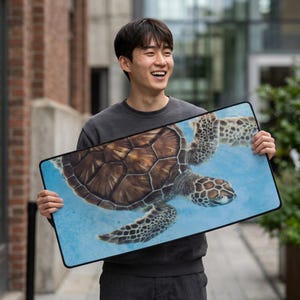 May include: A rectangular desk mat featuring a high-resolution print of a sea turtle swimming in clear blue water. The turtle has a detailed brown patterned shell and spotted flippers. The mat has a solid black stitched border around the edges.