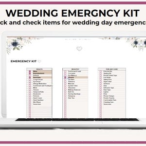 Puede incluir: Una pantalla de computadora portátil que muestra una lista de verificación para un kit de emergencia para bodas. La lista de verificación está dividida en tres secciones: Salud, Belleza y Para cualquier caso. Cada sección incluye una lista de artículos para empacar, como vendas, protector solar y un kit de costura.