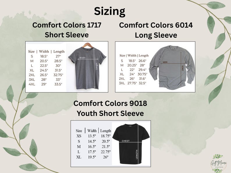 May include: Sizing chart for Comfort Colors t-shirts in short and long sleeve styles. The chart shows sizes, width, and length measurements in inches. A separate chart shows sizing for youth short sleeve t-shirts in sizes XS to XL with measurements in inches.