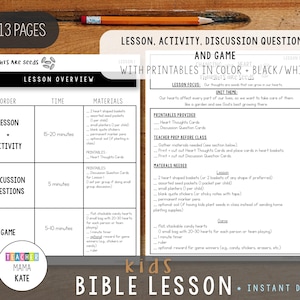 May include: A two-page educational lesson plan titled Thoughts Are Seeds, featuring a lesson overview table with time and material requirements, a list of printable resources, teacher preparation steps, and a game guide for a kids Bible lesson.