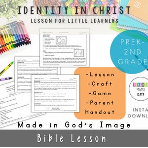 Könnte beinhalten: Ein farbenfrohes Lernmaterial mit dem Titel "Identity in Christ" für kleine Lernende. Das Bild enthält Unterrichtspläne, Bastelideen und ein Handout für Eltern. Buntstifte und Notizbücher sind ebenfalls zu sehen. Der Text lautet "Made in God's Image".