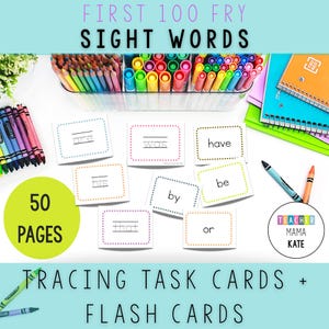 May include: Educational flash cards and tracing task cards with the text "FIRST 100 FRY SIGHT WORDS". The cards feature sight words like "are", "was", "have", "his", "by", "be", "that", and "or". The image also includes crayons, colored pencils, and notebooks.