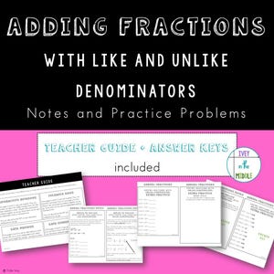 Peut inclure: Ressource pédagogique rose et noire sur l'addition de fractions, avec un guide de l'enseignant, des corrigés et des exercices. L'image présente des notes et des exercices avec le texte "Adding Fractions".