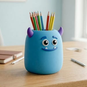 May include: A blue monster-shaped pencil holder with purple horns and a smiling face. The holder contains several colored pencils, including red, green, blue, and yellow. The desk accessory is a fun and functional item for any workspace.
