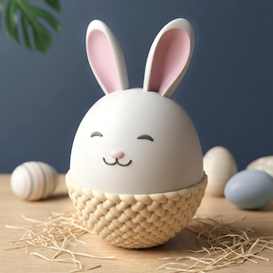 Pode incluir: Um ovo branco em forma de coelho da Páscoa com orelhas forradas de rosa e um rosto sorridente, colocado numa cesta de vime. Ovos de Páscoa decorativos e palha no fundo, tudo sobre uma superfície de madeira.