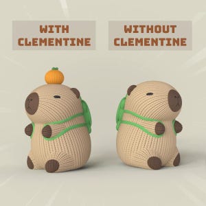 May include: Two knitted capybara plushies, one with a small orange clementine on its head, both with green backpacks. The text "WITH CLEMENTINE" is above the capybara with the clementine and "WITHOUT CLEMENTINE" is above the other capybara.