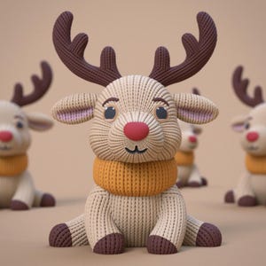 May include: Three knitted reindeer figurines with brown antlers, beige bodies, and orange scarves. The reindeer in the center is sitting with a red nose and brown eyes.