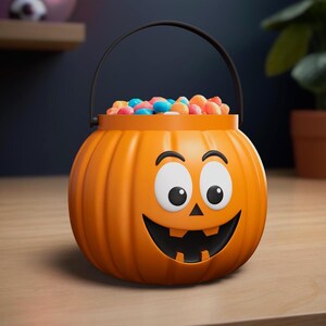 May include: An orange pumpkin-shaped bucket with a black handle, a smiling face, and filled with colourful sweets. The bucket is on a wooden surface, ideal for Halloween trick-or-treating.