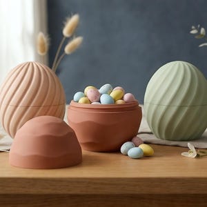 May include: A collection of decorative egg-shaped containers in shades of pink and green, with a terracotta-colored bowl filled with pastel-colored candies. The containers have a spiral design, and the scene is set on a wooden table.