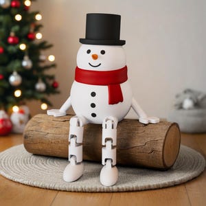 Könnte beinhalten: Eine weiße Schneemannfigur mit schwarzem Zylinder und rotem Schal, die auf einem Holzstamm sitzt. Der Schneemann hat eine Karottennase und schwarze Knopfaugen und -mund. Die Beine des Schneemanns sind beweglich. Die Figur steht auf einem runden, grauen Teppich.