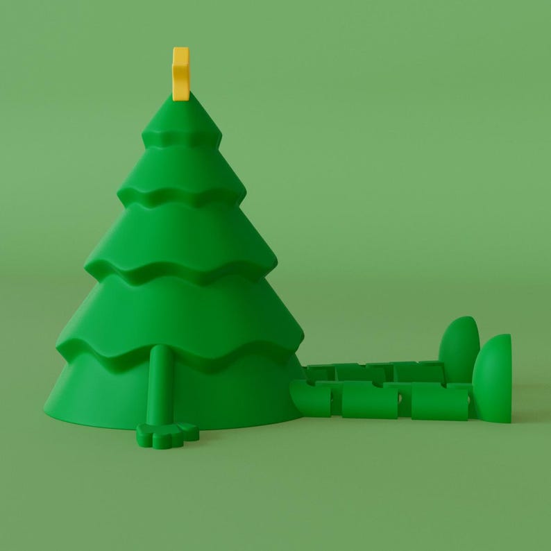 Puede incluir: Figura de &aacute;rbol de Navidad verde con una estrella amarilla. El &aacute;rbol tiene un dise&ntilde;o caprichoso con un cuerpo y pies segmentados, sobre un fondo verde. Un art&iacute;culo decorativo y divertido.