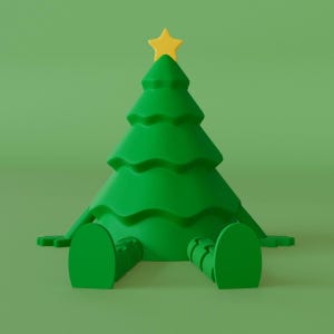 Puede incluir: Una caprichosa figura de &aacute;rbol de Navidad verde con una estrella amarilla en la parte superior. El &aacute;rbol tiene brazos y piernas, lo que le da una apariencia juguetona y de dibujos animados. La figura est&aacute; sobre un fondo verde liso, creando un alegre tema navide&ntilde;o.