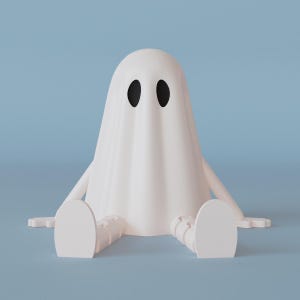 Op de afbeelding: Een witte spookfiguur met zwarte ovale ogen, armen en benen. Het spook zit met uitgestrekte benen en armen langs zijn zij. De achtergrond is effen lichtblauw.