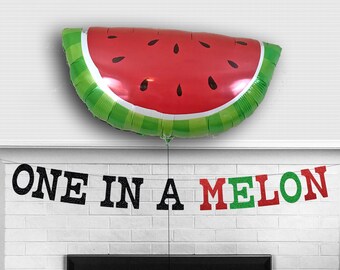One In A Melon Banner - Glitter 5 inch Letters - Watermelon Theme Birthday Party Decorations 1st First Summer Picnic Fruit Melon Balloon
