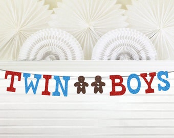 Twin Gingerbread Banner - Glitter 5 Inch Letters - Twins Baby Shower Holiday Boy Garland Bunting Winter Theme Twin Boys December Christmas