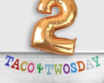 Taco Twosday Banner - Glitter 5 inch Letters - Fiesta Birthday Theme Taco Party Decorations Garland Two 2nd Birthday Sign Colorful Kids