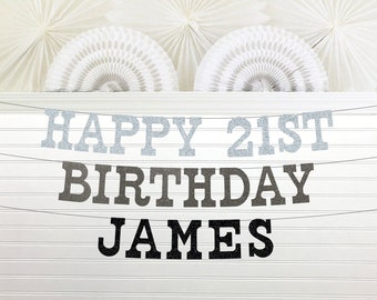Glitter Happy Birthday Banner - 5 inch Tall Letters - ANY AGE Personalized Birthday Sign Custom Party Decorations Name Silver Black Gray